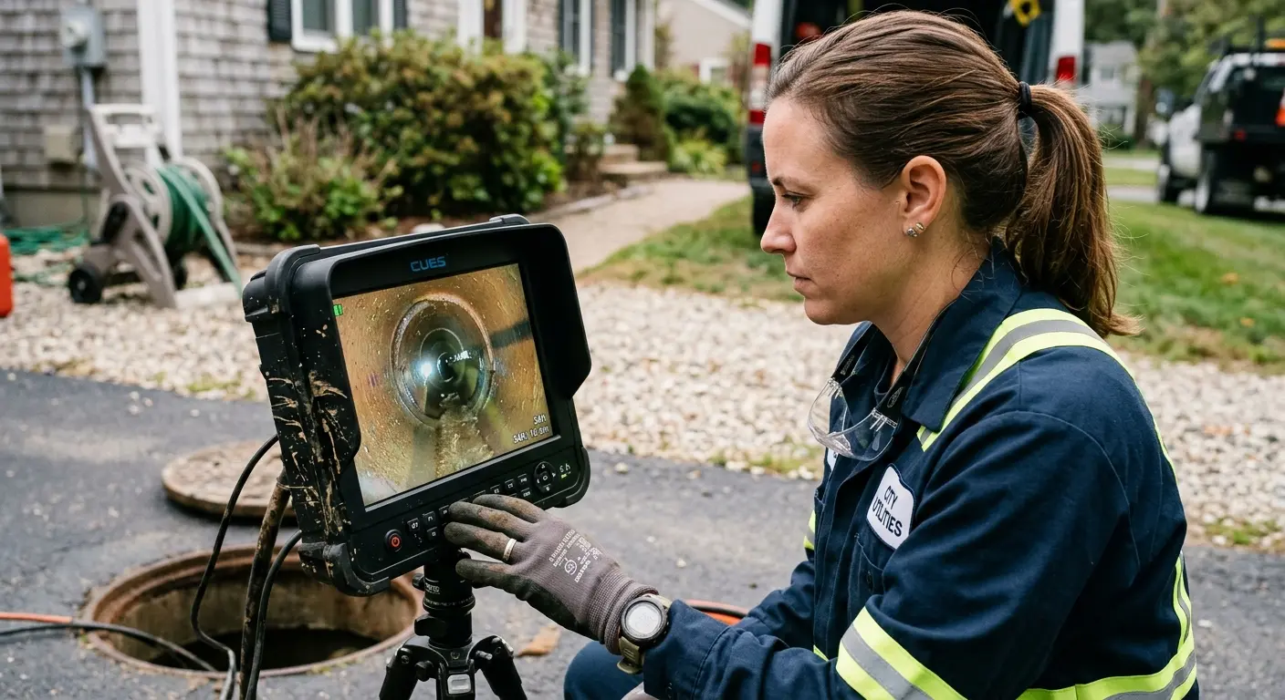 Technician reviewing sewer camera inspection footage in Four Square Mile