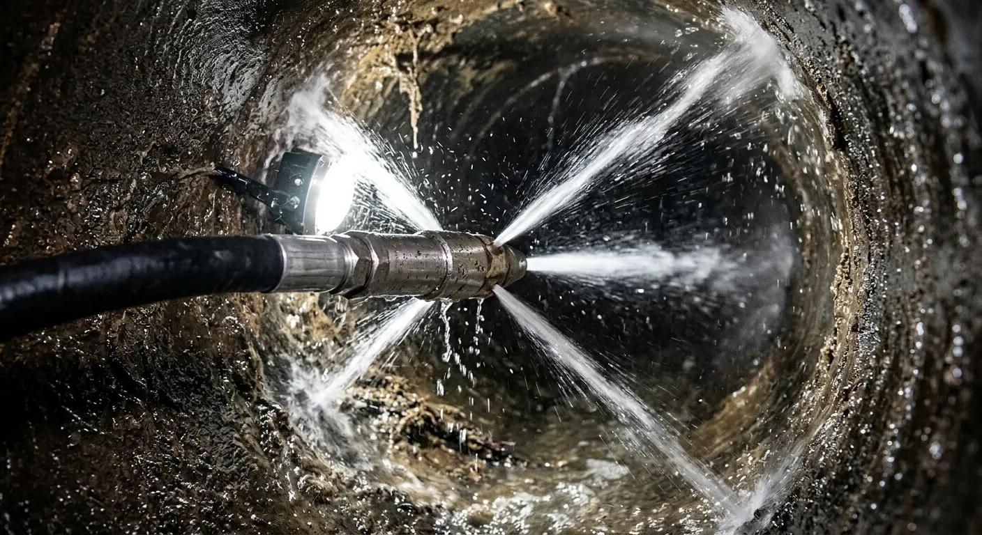 High-pressure hydro jetting nozzle cleaning sewer pipe for Emergency Drain Service in Four Square Mile