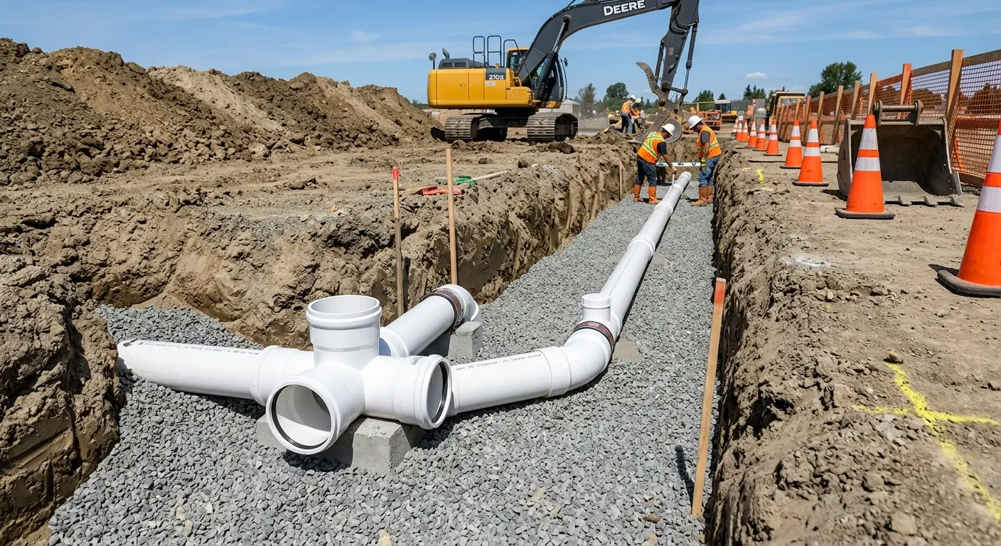New PVC sewer pipe installation in open trench for Commercial Drain Cleaning in Four Square Mile