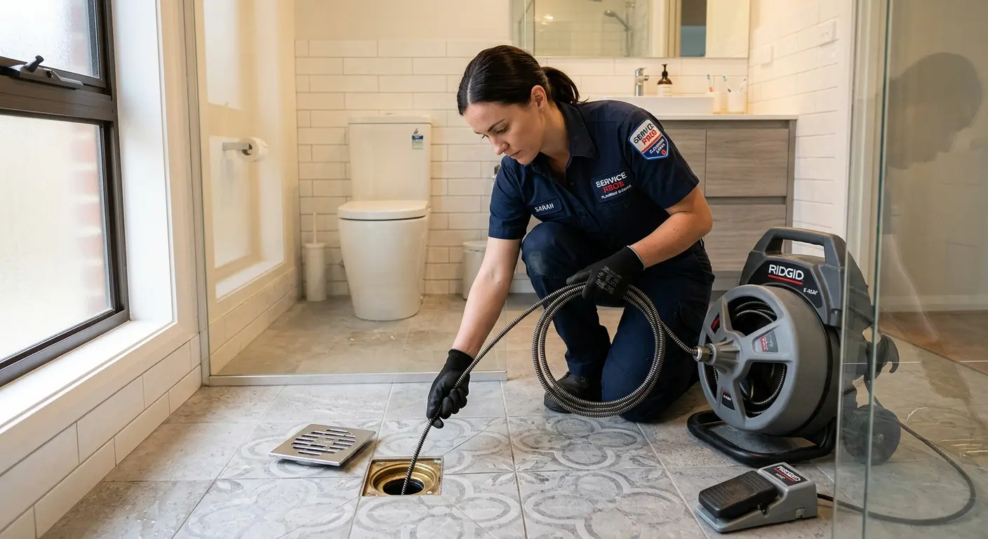Technician clearing a bathroom floor drain for Clogged Drain Repair in Four Square Mile